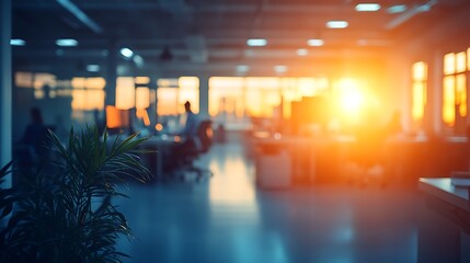 Obraz premium Blurred office interior at sunset, workers at desks, plant in foreground