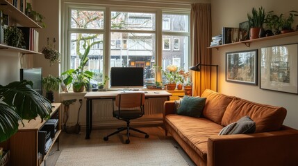 A hideaway home office with a retractable desk in a Scandinavian-style living room.