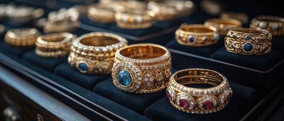 Elegant gold rings display jewelry store product luxurious environment close-up view beauty