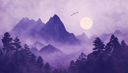 Serene Purple Mountainscape Under a Pale Moon