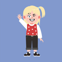 Cute American Girl with Blonde Hair Cartoon Wave Hand say Hello