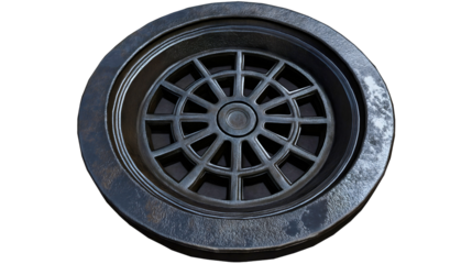 Circular Metal Drain Cover on Urban Sidewalk Grate Texture