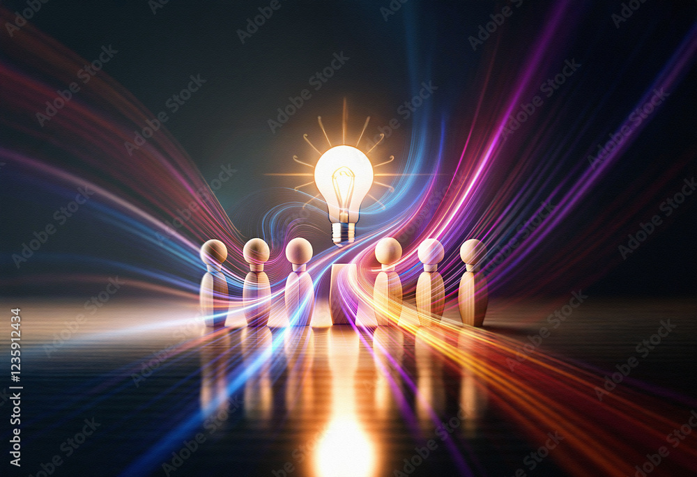 Poster a double exposure image shows a glowing lightbulb illuminating a group of small figures, surrounded 
