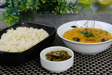 Moong Masoor Daal, Red and Yellow Lentil Curry with pickles and rice