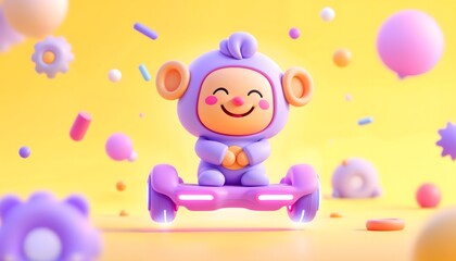 Naklejka premium Cute Monkey on Hoverboard 3d Render Happy Pastel Colors