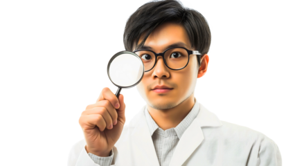 Male Scientist in Lab Coat Using Magnifying Glass for Research Analysis in Modern Laboratory Environment