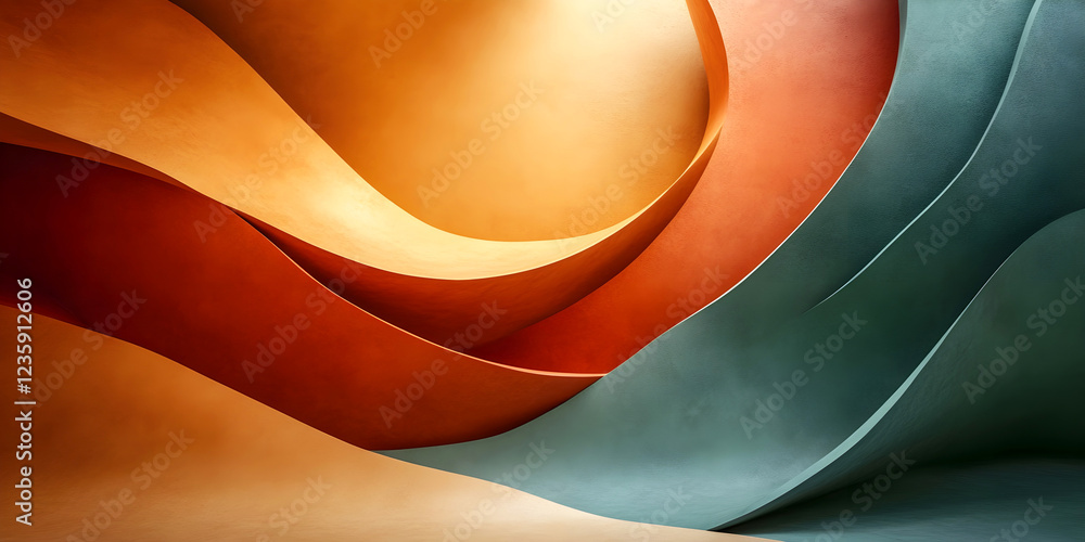 Poster abstract composition of flowing curves in warm orange and green tones with smooth textures, creating