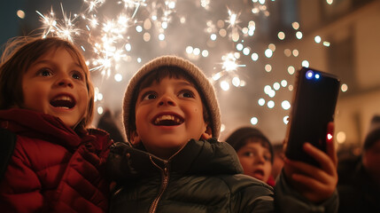 Scoppio del Carro, sparks from exploding fireworks illuminate the faces of children who are amazed to watch the celebration from the front row, Ai generated images