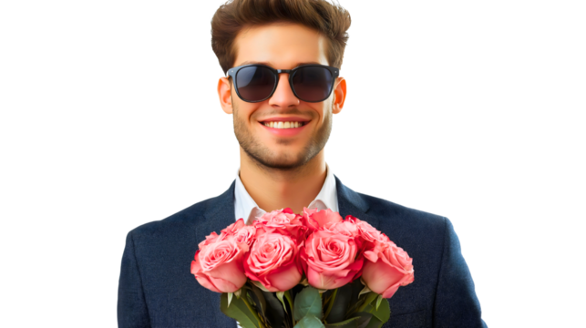 Stylish Man in Sunglasses with Roses Smiling Portrait for Romantic Celebration