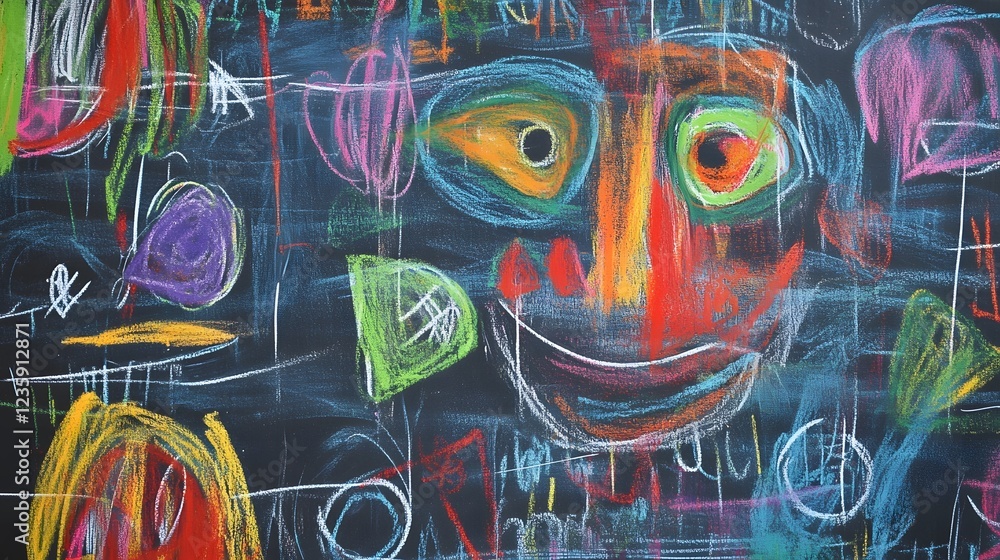 Poster Vibrant and colorful surreal graffiti art displayed on an urban wall  The abstract and expressive design features a bold psychedelic composition with a variety of shapes textures and patterns
