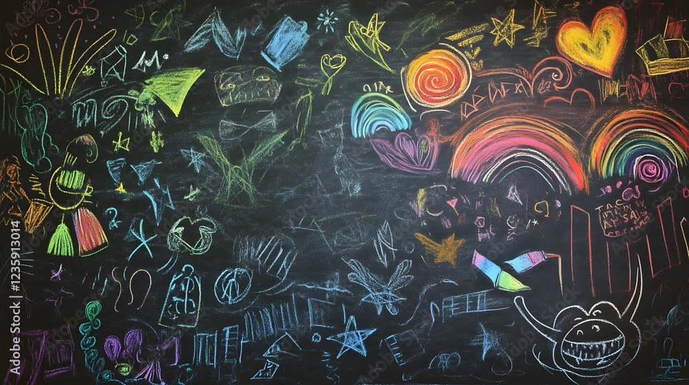 Poster Vibrant and creative chalk doodle art on a blackboard featuring an array of playful whimsical symbols and shapes in a variety of colors  The abstract energetic design evokes a sense of imagination