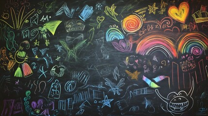 Vibrant and creative chalk doodle art on a blackboard featuring an array of playful whimsical symbols and shapes in a variety of colors  The abstract energetic design evokes a sense of imagination