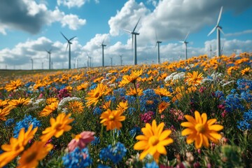 Wind turbines surrounded by colorful wildflowers in a scenic landscape eco-friendly environment