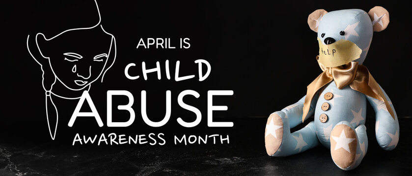 Toy bear with taped mouth and word HELP on dark background. Domestic violence concept