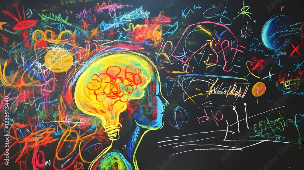 Poster Vibrant and dynamic abstract digital depicting a glowing lightbulb shaped brain amid a chaotic graffiti like background filled with colorful splashes shapes and symbols