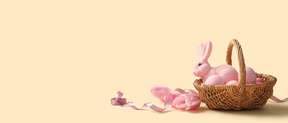 Wicker basket with painted Easter eggs, toy bunny and tulip flowers on beige background with space for text