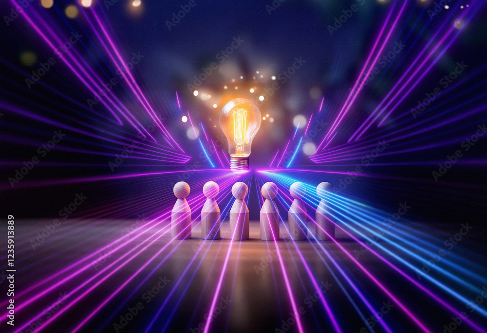 Poster a double exposure image depicts a glowing lightbulb as a symbol of innovation, surrounded by figures