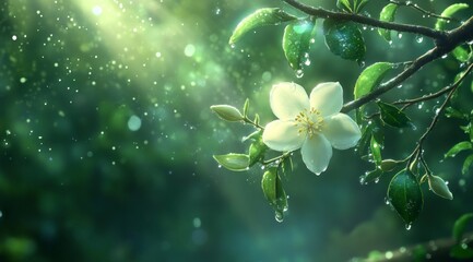 Stunning White Flower Rain Digital Art Green Nature
