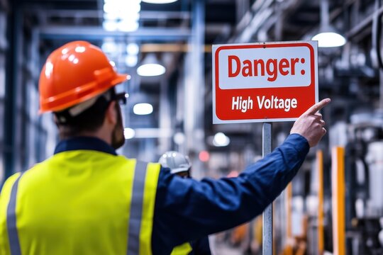 A factory supervisor pointing at a "Danger: High Voltage" sign, explaining electrical safety procedures to employees, hazard awareness training in an industrial facility
