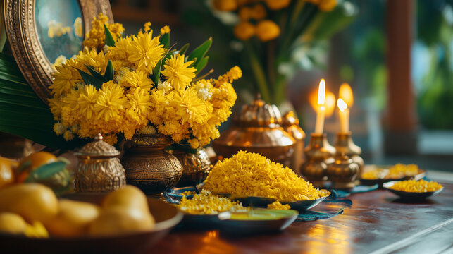 Vishu celebration in Kerala with beautiful Vishukkani display, table decorated with yellow konnapoo flowers, lit oil lamps, Ai generated images