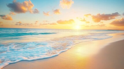 Fototapeta premium A serene beach scene at sunset with gentle waves lapping at the shore.