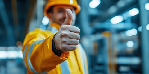 A factory team leader giving a thumbs-up after completing a successful safety drill, reinforcing workplace safety culture, industrial teamwork and compliance