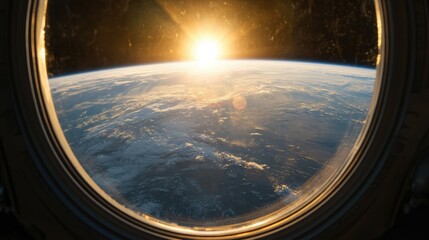 Fototapeta premium Earth's curvature as seen through a spacecraft window, with sunlight creating a glowing rim on the horizon