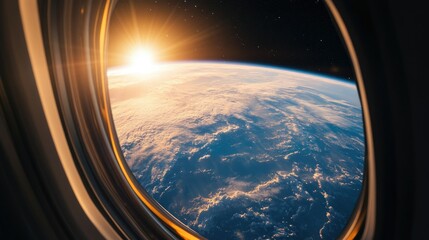 Fototapeta premium Earth's curvature as seen through a spacecraft window, with sunlight creating a glowing rim on the horizon