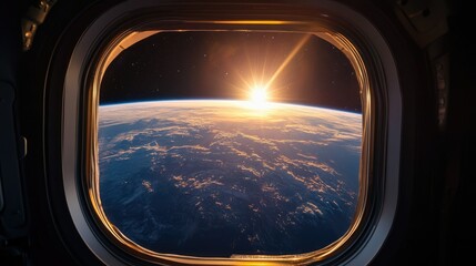 Earth's curvature as seen through a spacecraft window, with sunlight creating a glowing rim on the horizon