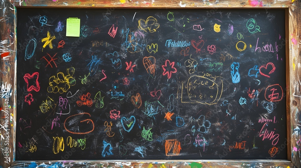 Poster Vibrant and playful chalkboard full of colorful doodles sketches and abstract patterns representing the creative expression and imaginative spirit of learning and education
