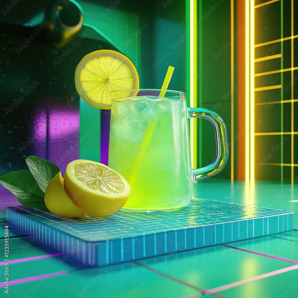 Poster refreshing lemon drink in a vibrant neon-lit setting with colorful background elements
