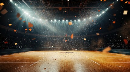 Empty basketball stadium with confetti falling from above, hardwood floor shining under intense spotlights, a sense of celebration lingering