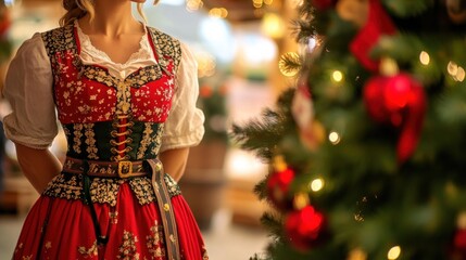Elegant Woman in Traditional Dirndl Near Christmas Tree