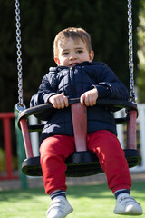 blond boy playing on the swing