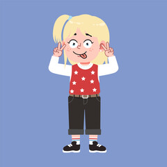 Cute American Girl with Blonde Hair Cartoon Silly face and absurd