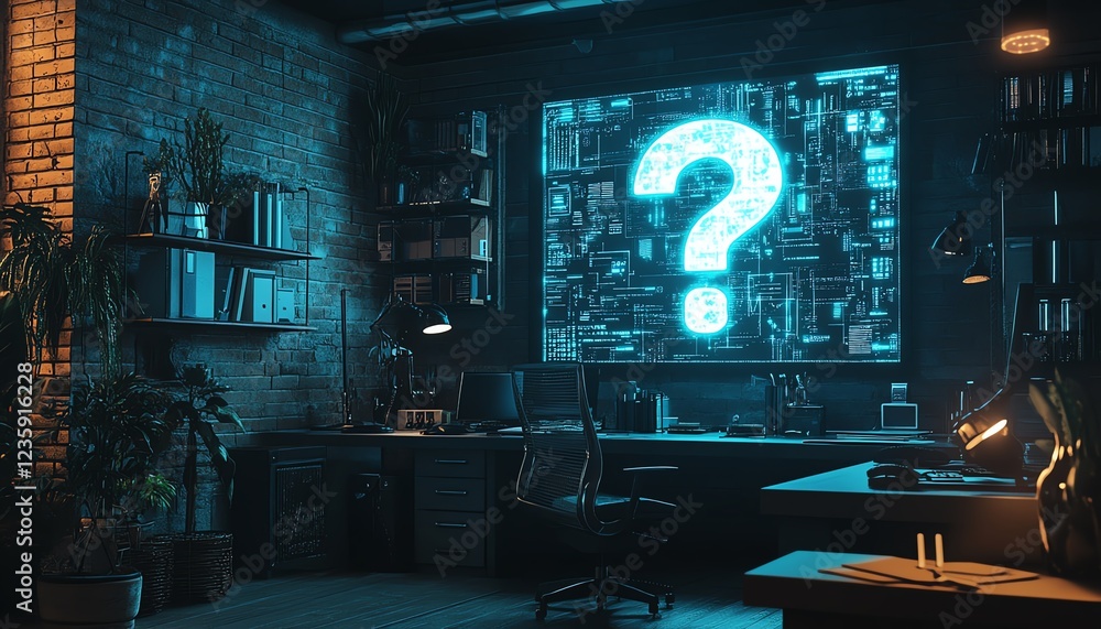 Poster an office with a glowing digital question mark on a screen, representing the uncertainty faced in bu
