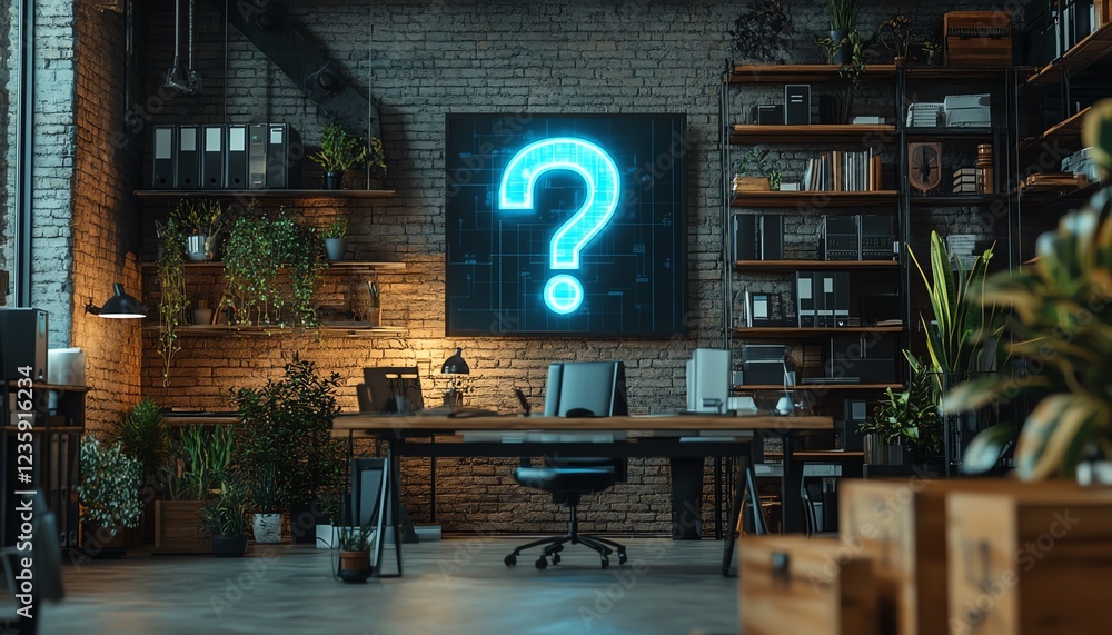 Poster an office with a glowing digital question mark on a screen, representing the uncertainty faced in bu