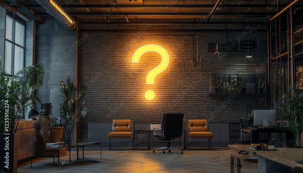 Poster an office with a glowing digital question mark on a screen, representing the uncertainty faced in bu