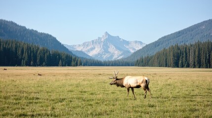 Fototapeta premium Elk grazing in mountain meadow pasture