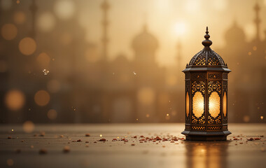 Ramadan Islamic background, Islamic Ramadan Muslim lamp and text with moon RAMADAN KAREEM on light background