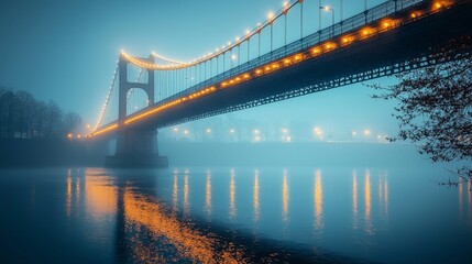Naklejka premium Serene night view of a beautifully illuminated suspension bridge reflecting on a misty river in soft ambient light