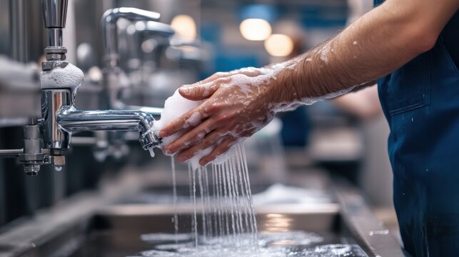 A factory worker demonstrating proper handwashing techniques at a sanitation station, workplace hygiene and occupational health, ensuring safe working conditions