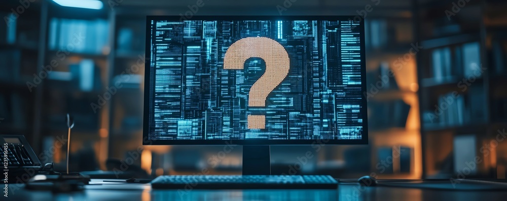 Poster a closeup of a digital question mark on a computer screen in a business office, representing uncerta