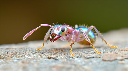 Fototapeta premium Iridescent ant on rock, close-up, nature background, macro photography for science