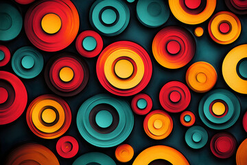 Vibrant Abstract Background with Bold Shapes and Colorful Circles: A Dynamic Modern Design Featuring Layered Patterns and Textures in Red, Orange, and Teal for Striking Visuals and Aesthetics