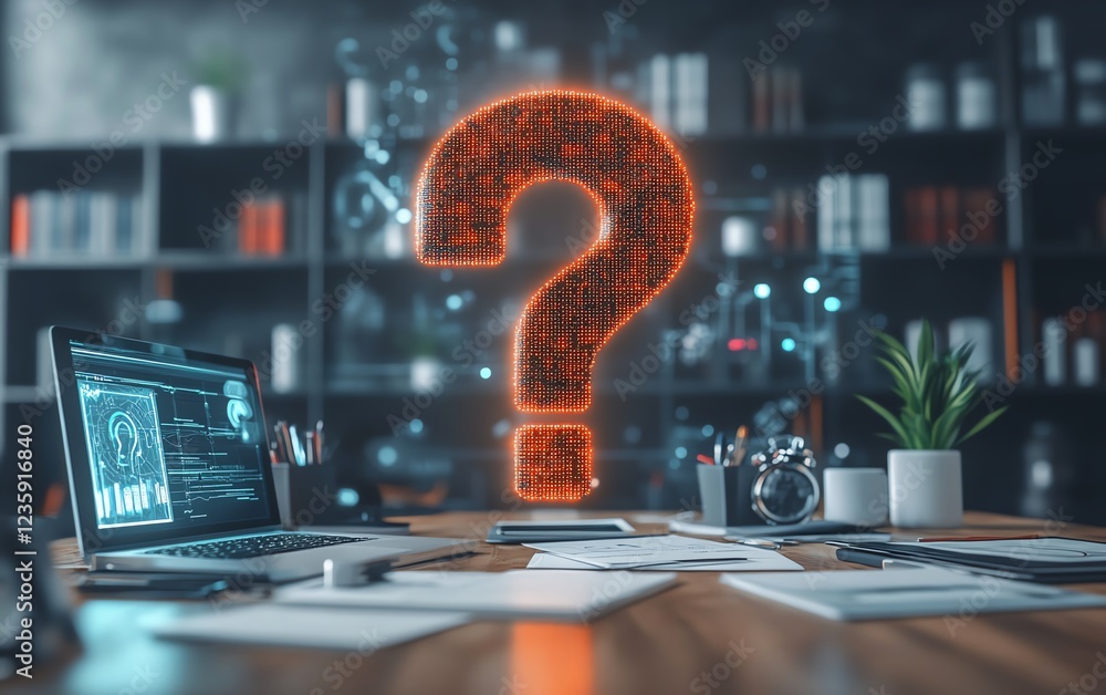 Poster a digital question mark floating above a business desk, surrounded by documents and digital devices,