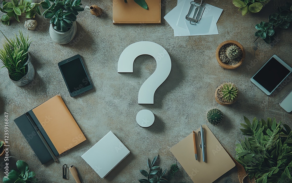 Poster a digital question mark floating above a business desk, surrounded by documents and digital devices,