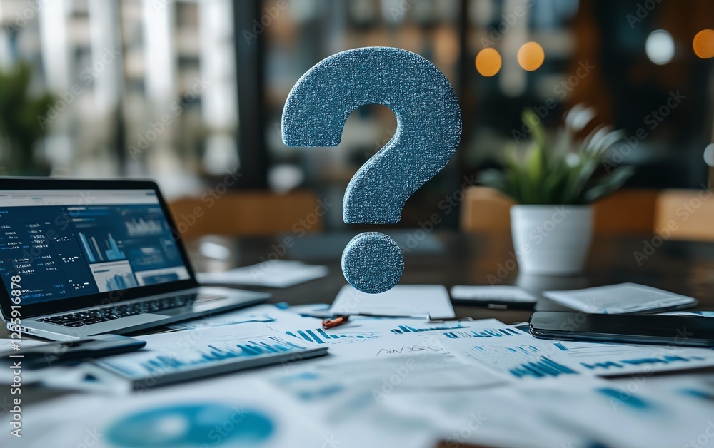 Poster a digital question mark floating above a business desk, surrounded by documents and digital devices,