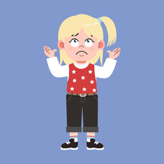 Cute American Girl with Blonde Hair Cartoon confuse and curious