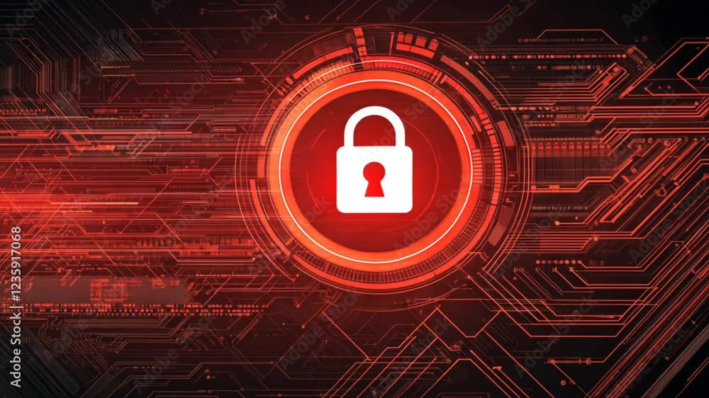 Poster digital lock symbol on red circuit background fusion of cybersecurity, data protection, and technolo